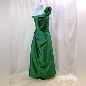 Angelina Faccenda Emerald Green One Shoulder Long Dress w Rossette, Size 12